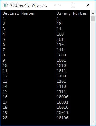 decimal to binary 1 to 20 c++