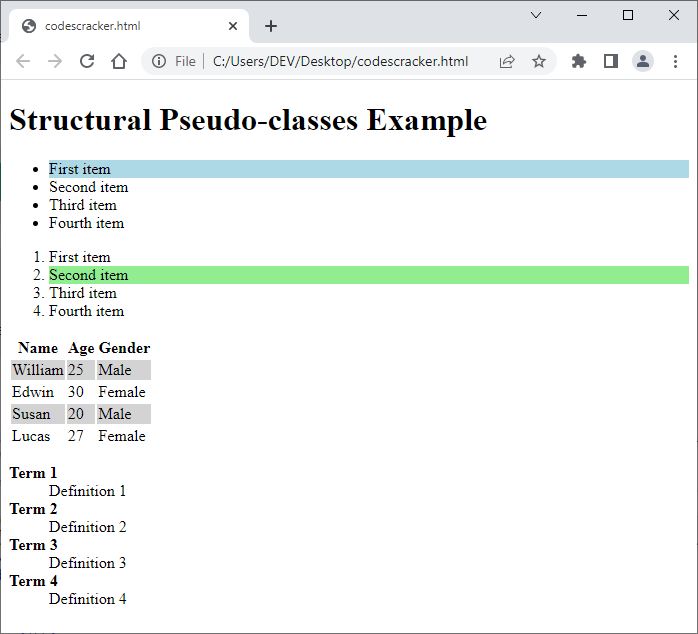 css structural pseudo class example code