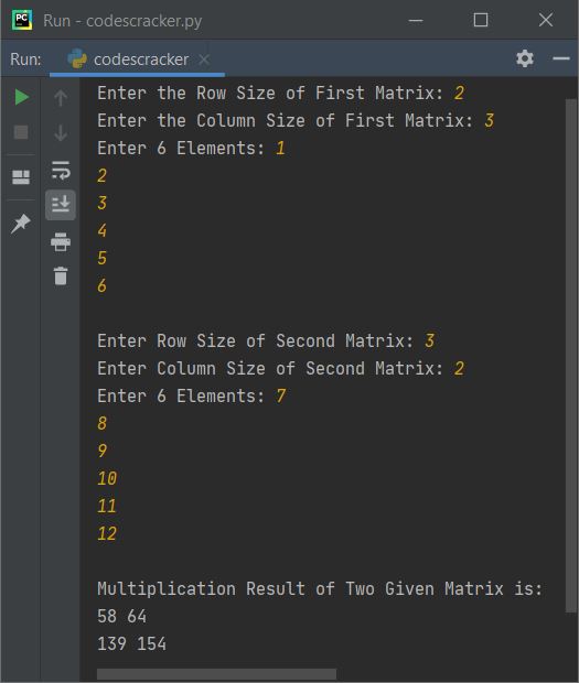 python program matrix multiplication entered by user